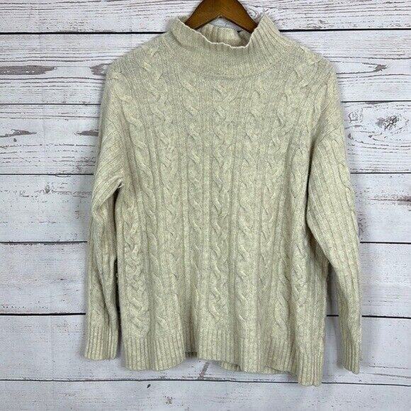 J Jill Sweater Womens Medium Beige Wool Cable Knit High Neck Boxy Fisherman - Picture 1 of 13